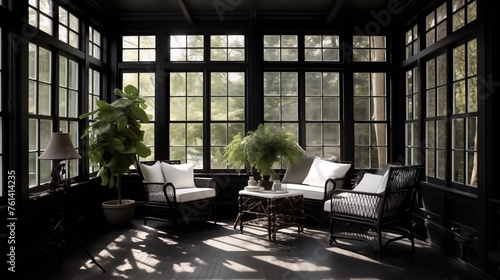 Sunroom with matte black stained floors and walls for ultimate drama. © Aeman