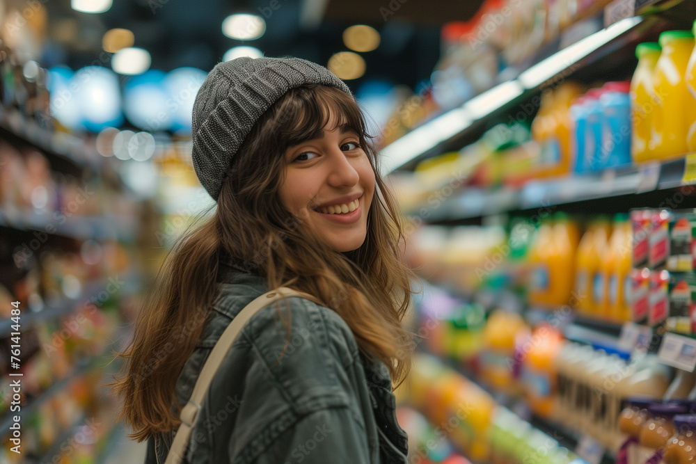 Young woman smiling while shopping in a supermarket aisle, suitable for retail and lifestyle themes.