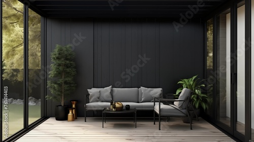Sunroom with matte black stucco walls and black metal inlay detailing.
