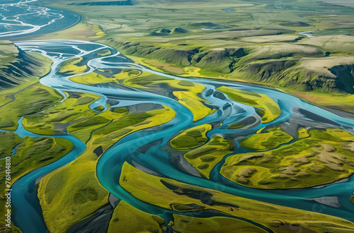 Aerial view of Iceland's natural beauty, showcasing the intricate patterns and colors in its rivers, mountains, and lakes