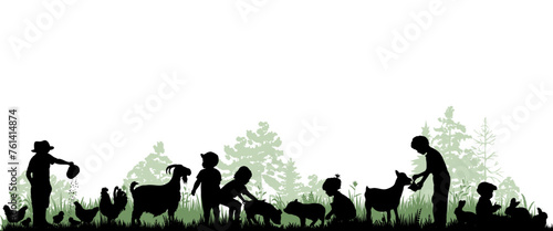 Children and pets silhouettes on white background. Little girls and boys play and feed farm animals. Vector illustration.	