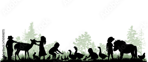 Children and pets silhouettes on white background. Little girls and boys play and feed farm animals. Vector illustration. 