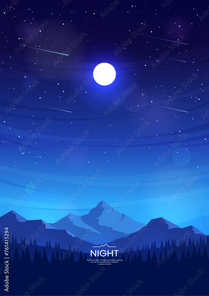 Fototapeta premium Vertical vector poster. Nocturne. Full moon and stars, night sky. Mountains and forest. The mountain tops are illuminated by the moonlight. Cover design, postcard, invitation, flyer, background.