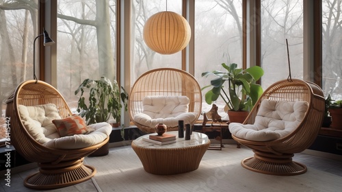 Sunroom with mid-century modern rattan papasan chair. photo
