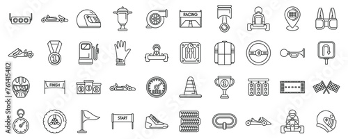 Kart racing icons set outline vector. Car sport road. Flag race driver speed