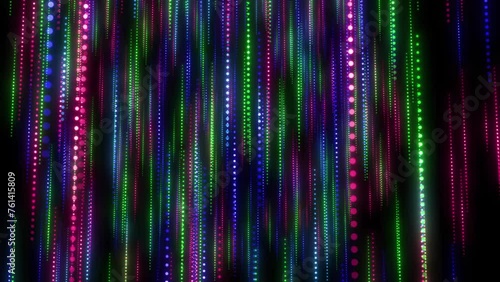 Camera Flying Through Colorful Particle Dot Line. Computer Data High Tech Background. Futuristic Dot Particle Moving Animation On Black Background, Digital Particle Line Animation Background photo
