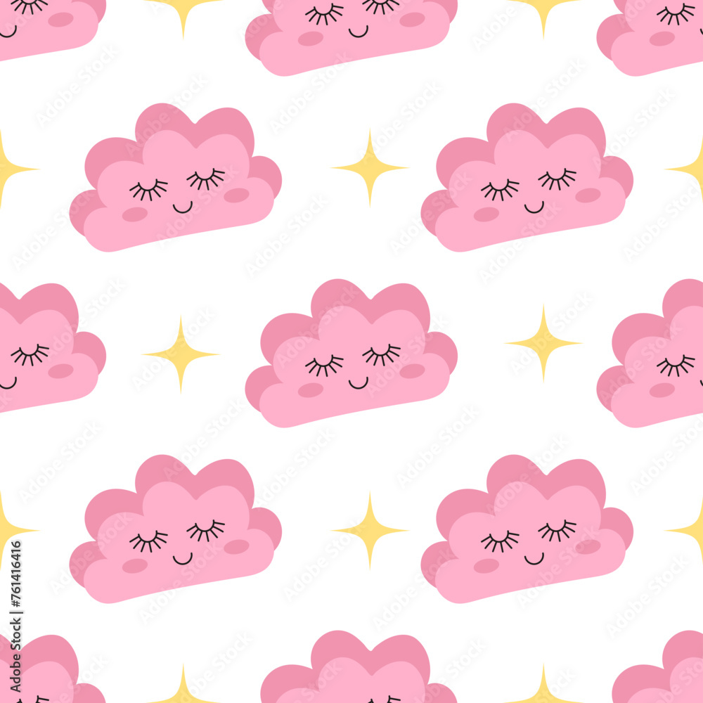Cute sleeping smiling clouds seamless pattern. Pastel pink and yellow colors clouds with eyes, smile, cute face. Vector repeat background for children's design, textile, fabric, print.