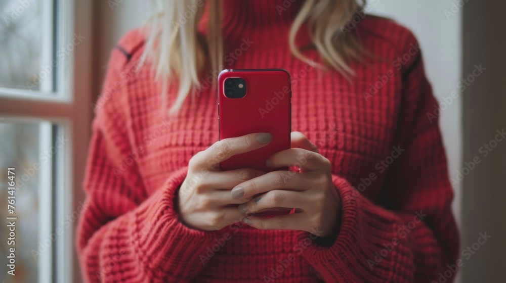 Woman updating relationship status on smartphone in cozy sweater Woman updating relationship status on smartphone in cozy sweater