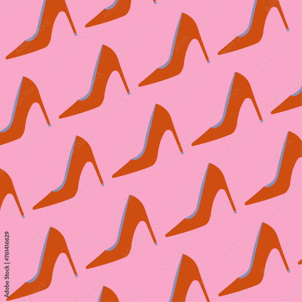 Background design for an advertising poster or banner or as a separate illustration. Fashionable women's stiletto pumps in carrot red color on a pink background. Made in pattern style