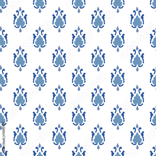 Abstract classic small blue flowers motif pattern, white background. Traditional Indian, Arabic fabric paisley design for dress, shirt. Textile swatch. Fashion garment, silk scarf. Floral block print.