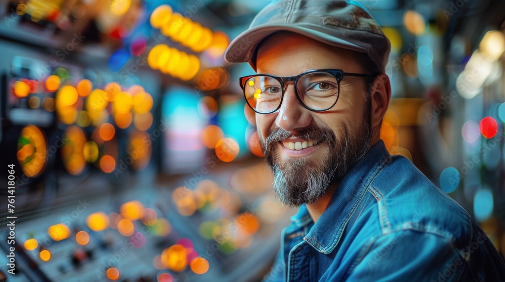Man Smiling In Front of Slot Machines Man Smiling In Front of Slot Machines