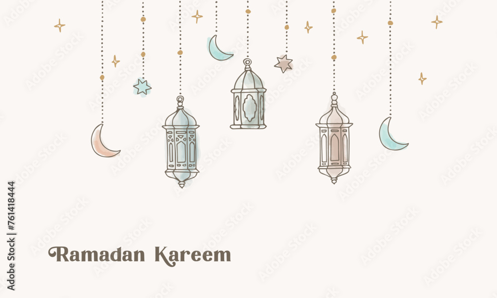 Garland with hanging colorful arab lanterns, stars, moon and lights. Greeting card, invitation for muslim holiday Ramadan Kareem. Party decoration. Watercolor hand drawn vector illustration background Garland with hanging colorful arab lanterns, stars, moon and lights. Greeting card, invitation for muslim holiday Ramadan Kareem. Party decoration. Watercolor hand drawn vector illustration background