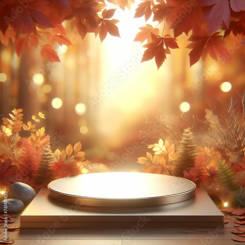 Photoreal 3D with Nature-Inspired Podium with a blurred or bokeh background of Autumn Leaves 