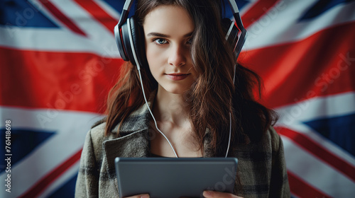 Beautiful young woman with long hair with headphones on the background of the British flag with a gray tablet