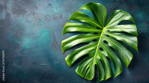 Large Green Leaf on Blue Background