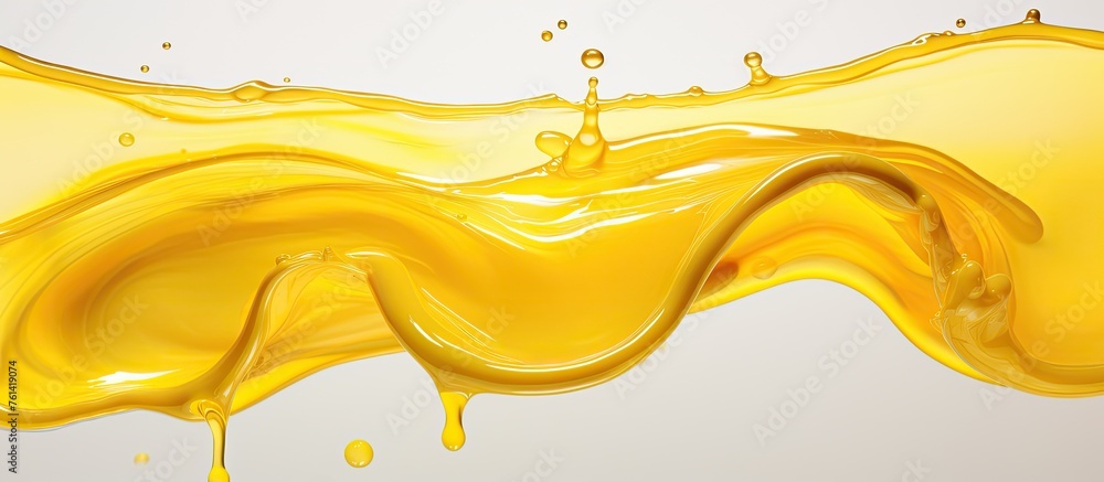Fototapeta premium An amber gesture of yellow paint on a white canvas, resembling a natural landscape. The bold art contrasts against the wood backdrop, creating a striking visual display