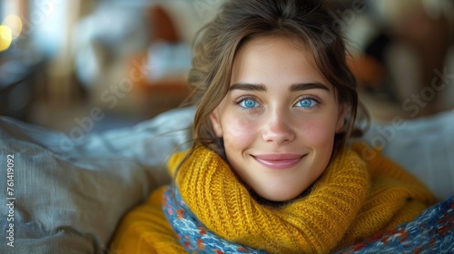Woman Sitting on Top of Couch in Living Room