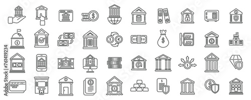 Central bank icons set outline vector. Business house building. Money management