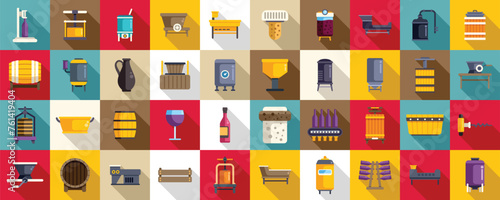 Wine production icons set flat vector. Winery agriculture. Industry process