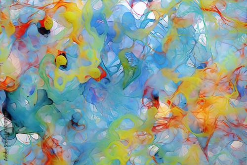 Abstract painting. Colorful fluid shapes. Blue, orange, yellow, green colors.