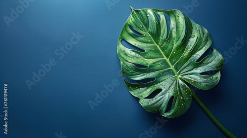 Large Green Leaf on Blue Background