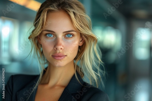 Beautiful Blond Woman With Blue Eyes Posing for Picture