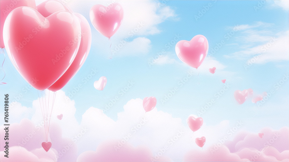 Pink heart-shaped balloons floating in a blue sky with white clouds.