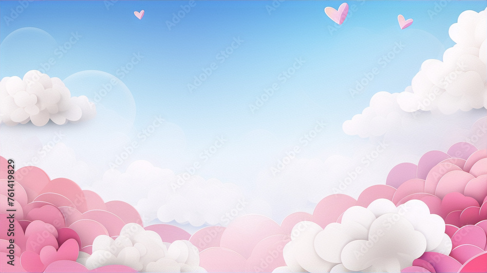 Pink and white clouds and hearts on a blue background in a paper cut style.