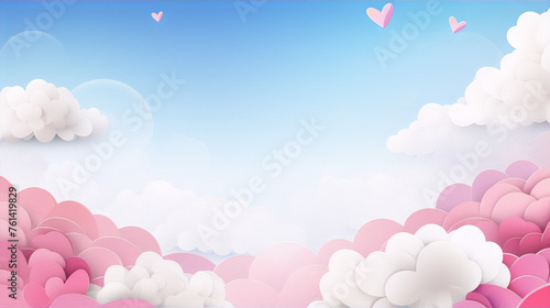 Pink and white clouds and hearts on a blue background in a paper cut style.