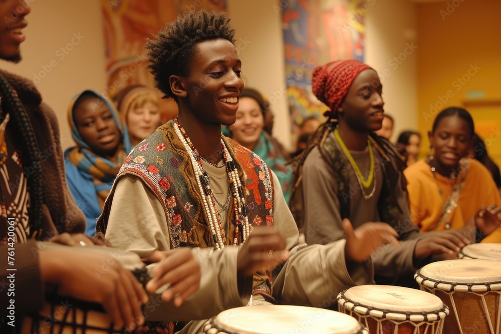 joyful people are playing the drums. Close-up