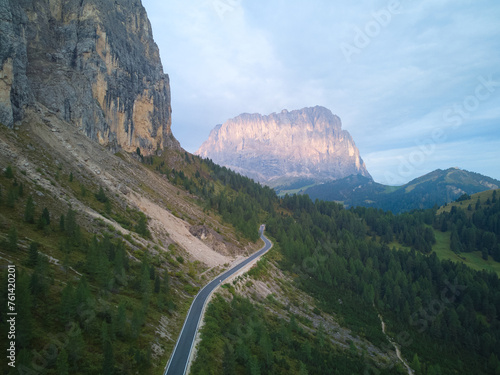 Sunrise in the Dolomites of Italy . Shooting from a drone
