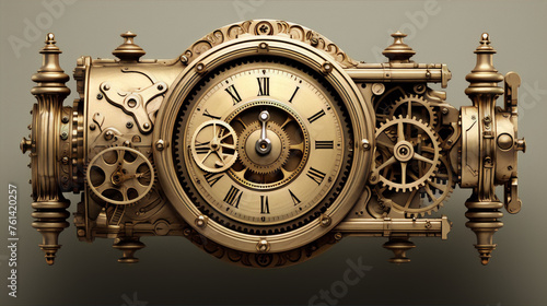 Ornate steampunk clockwork gears and cogs in a golden case with a roman numeral clock face.