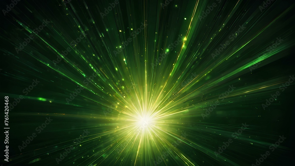 Naklejka premium Asymmetric green light burst abstract beautiful rays of lights on dark green background 