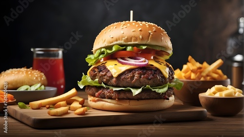 hamburger with fries, "Satisfy your cravings with a zinger burger like no other. Our AI platform will bring your concept to life with a range of styles and variations, from classic to gourmet."