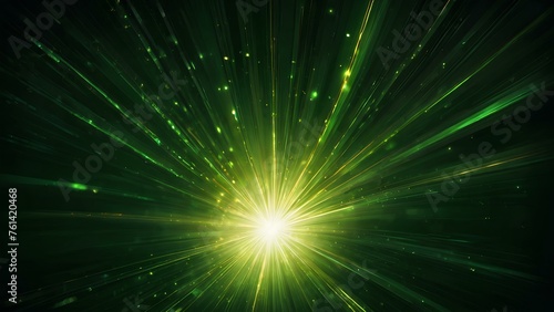 Asymmetric green light burst abstract beautiful rays of lights on dark green background 