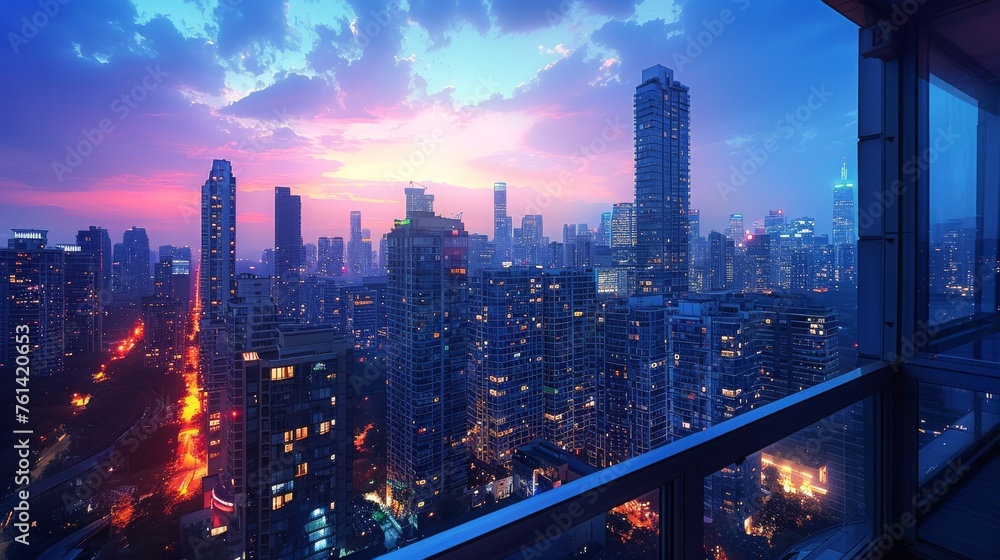 City Skyline at Night With Long Exposure Traffic - obrazy, fototapety, plakaty 