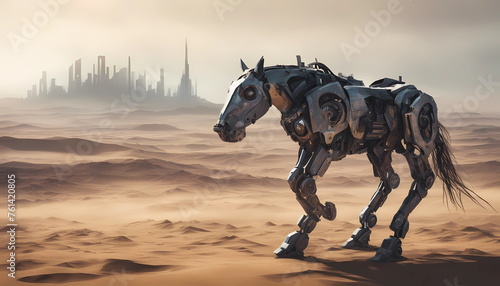 Horse Animal robot walking through desert. A futuristic landscape with a silhouetted city on the horizon