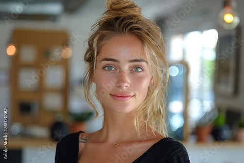 Beautiful Blond Woman With Blue Eyes Posing for Picture