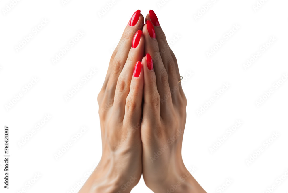 Woman Praying hands. Red nail polish. Transparent background PNG