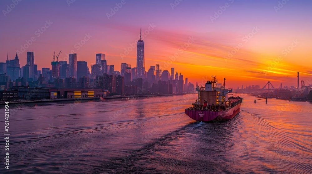 Naklejka premium Dawn Over Cargo Ship and Cityscape