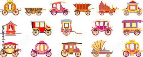 Brougham icons set cartoon vector. Horse carriage. Chariot luxury