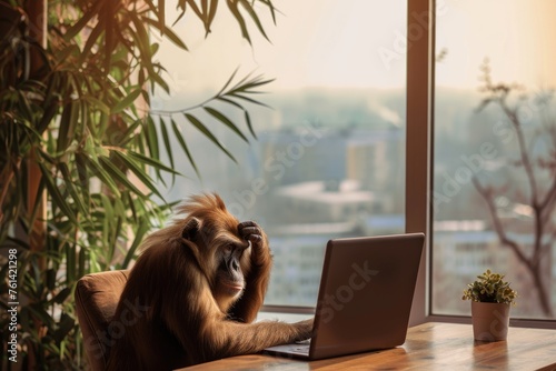 A thoughtful, preoccupied monkey is sitting at his laptop in the office. Side view. photo
