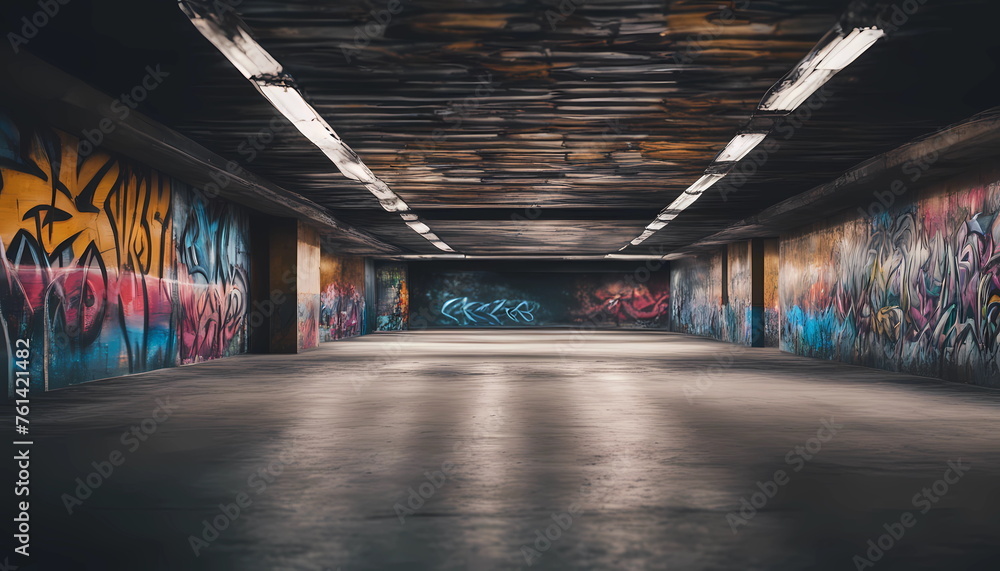 Fototapeta premium Empty underground parking with graffiti wall abstract background. Idea for artistic pop art background