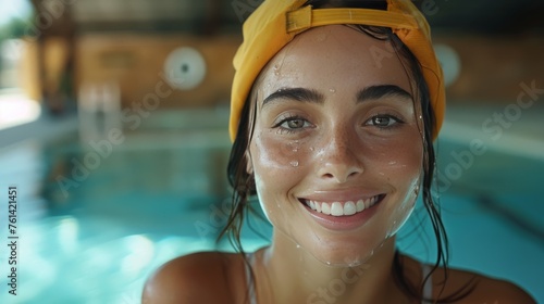 Woman in a Swimming Pool Wearing a Yellow Hat