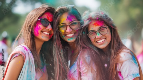 Three women show off their colorful hair at the beach. Fictional character created by Generated AI. 