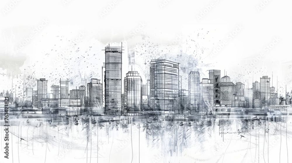 Background image with drawings of modern city - obrazy, fototapety, plakaty 