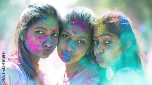 Three Women with Colorful Paint on Their Faces. Fictional character created by Generated AI. 