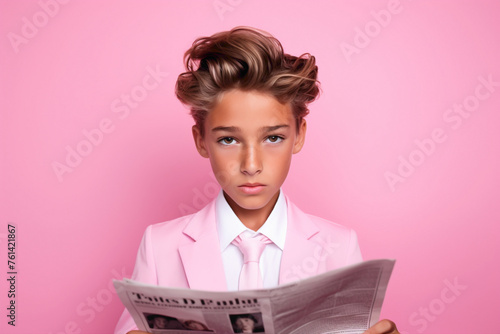 A handsome kid model with a perfect hairstyle and attractive look reads a newspaper against a pink solid wall background, with a curious expression on his face.