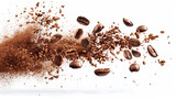 Arabica coffee beans exploding with dynamic brown dust splashes on white background
