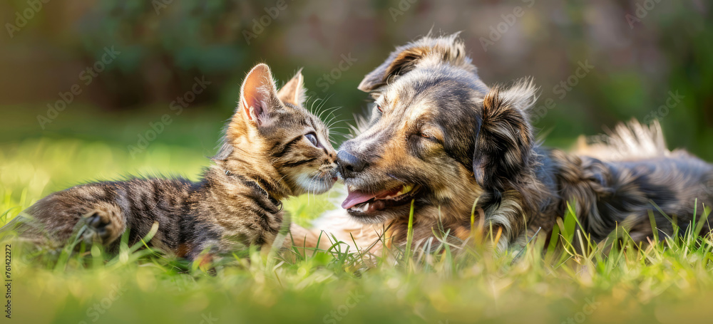 Friendly dog and kitten playing together on green grass Friendly dog and kitten playing together on green grass